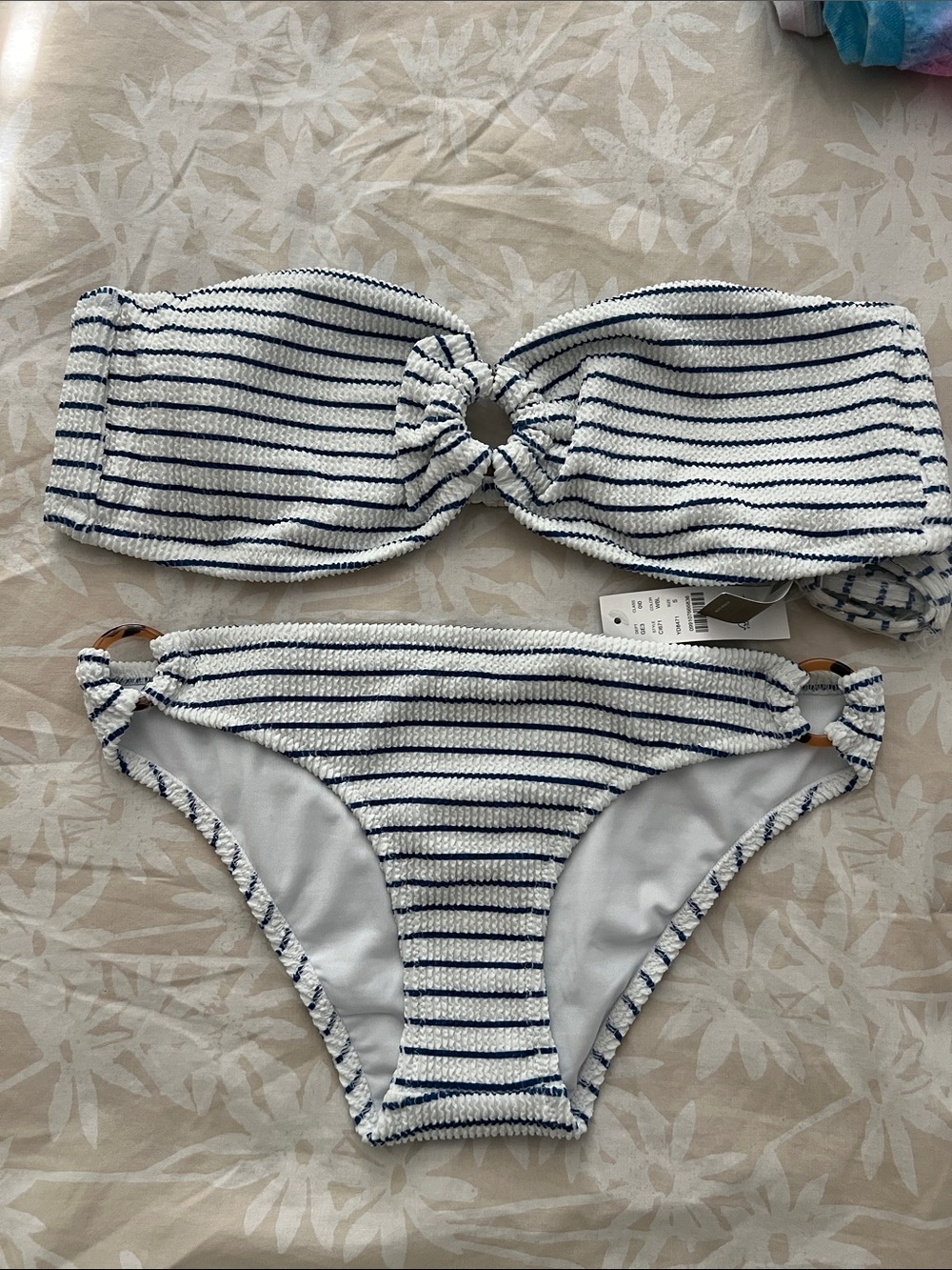 J. Crew White and Navy Striped Bandeau Bikini Set